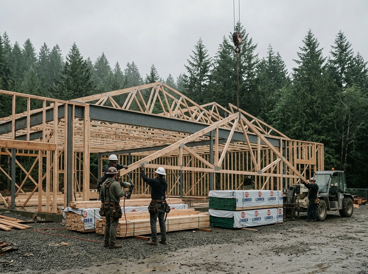 Framing crew setting trusses on a commercial build